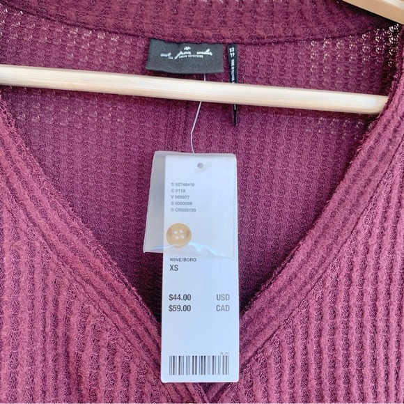 Maroon Bordeaux Waffle Knit Thermal Oversized Knot Front Long Sleeve Tee Shirt - Picture 5 of 6